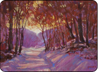 pastel painting winter morning landscape, snow, pink, violet, blue, yellow